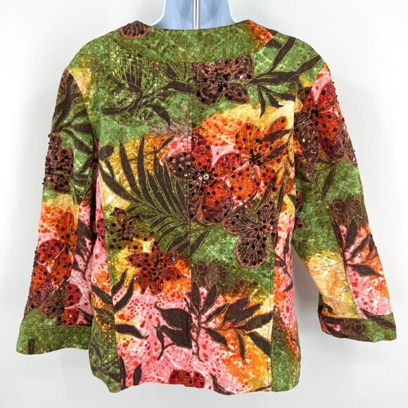 Chico's Collarless Blazer Jacket Beaded Leafy Sequin Floral Tropical Rain Forest - Picture 3 of 9